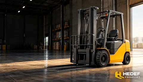 Modern depoda Hedef Forklift logolu sarı forklift; temsili tasarım görseli